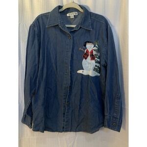 Natural Impressions Womens Large Cotton Long Sleeved Denim Snowman Shirt Holiday